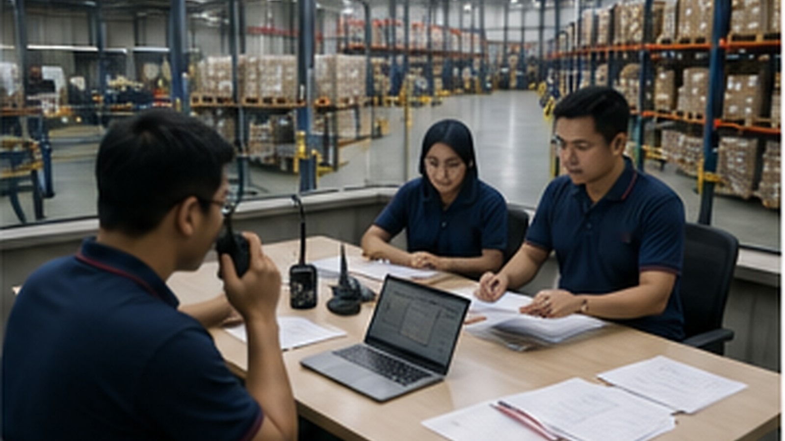 Operations coordinators reviewing warehouse and delivery activity.