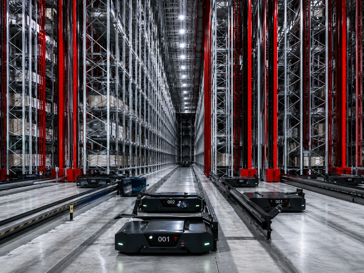 Automated high-bay storage and retrieval system with robotic shuttles in a central warehouse aisle.