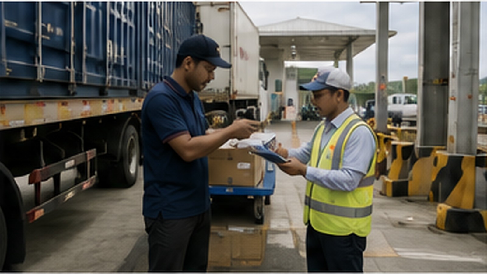 Logistics personnel coordinating a vehicle and documentation handover for a cross-border movement.