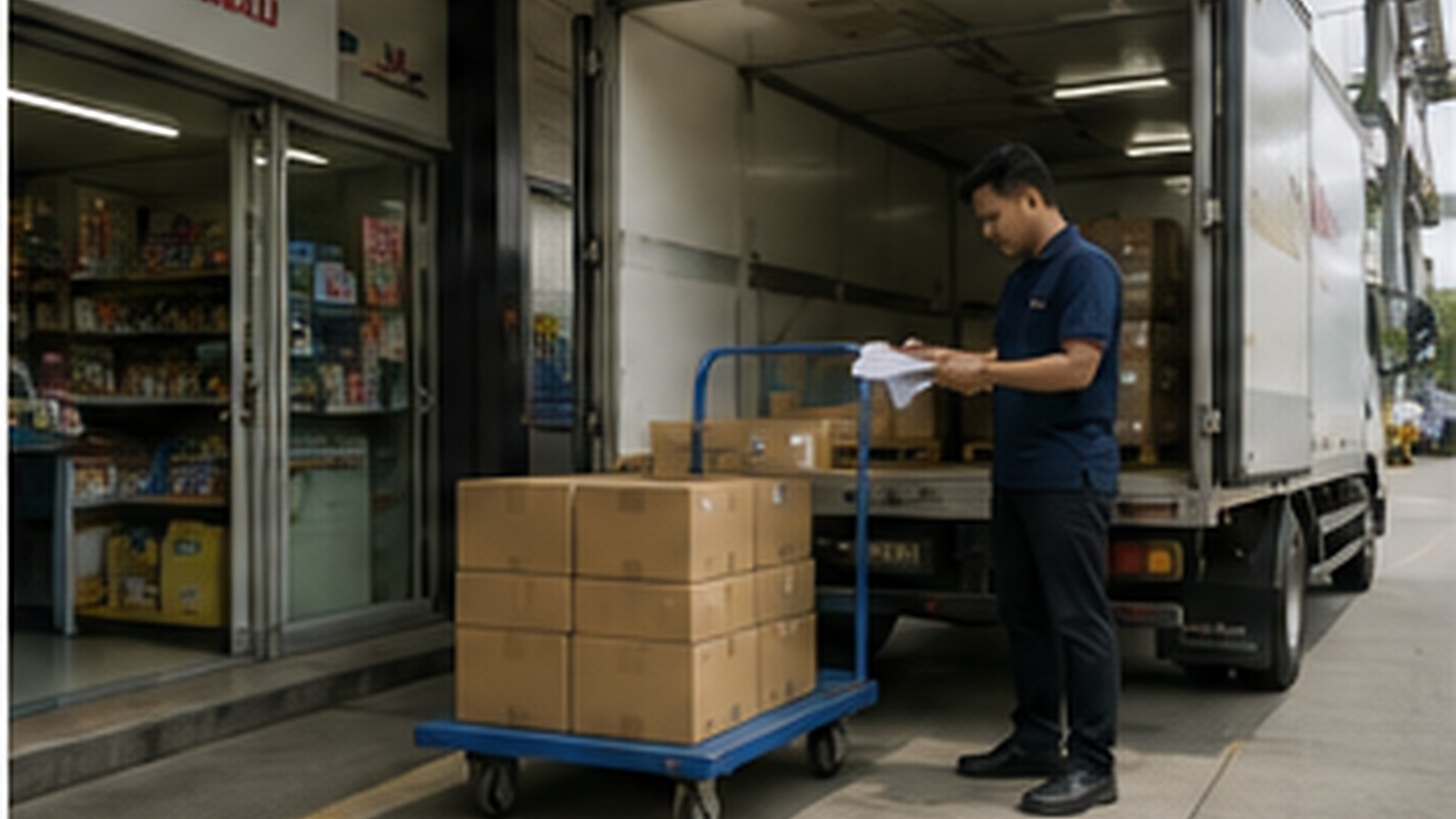 Goods being handed over at a customer delivery point.