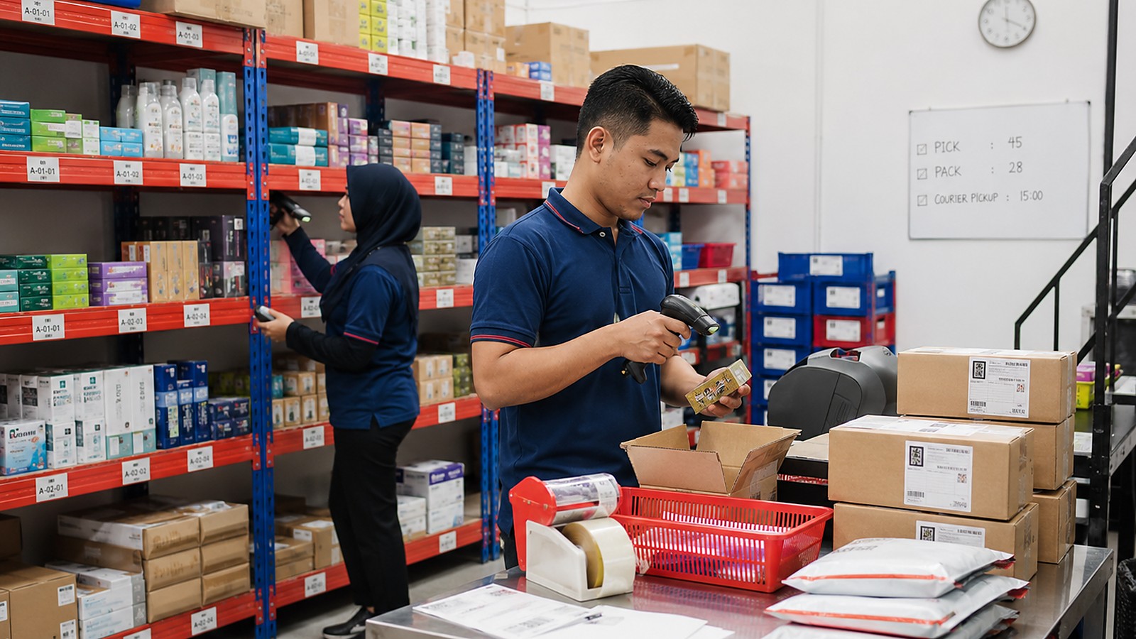 Warehouse staff scanning and packing customer orders.