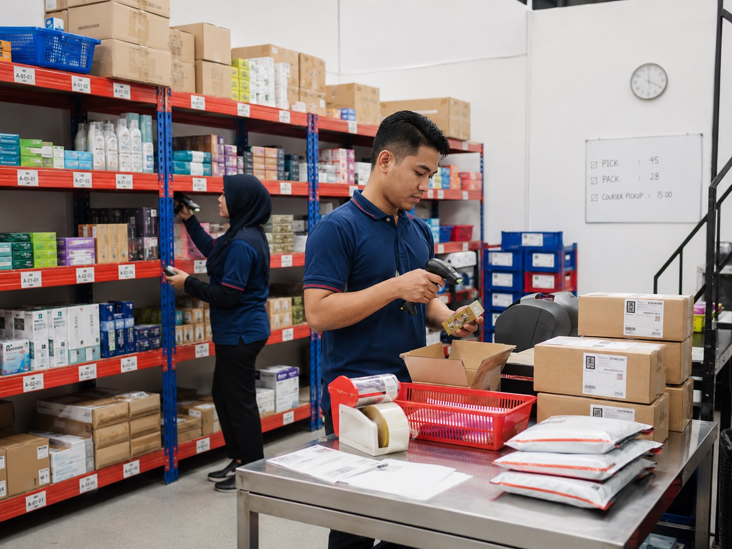 Warehouse staff picking, scanning and packing multi-SKU e-commerce orders for courier collection.