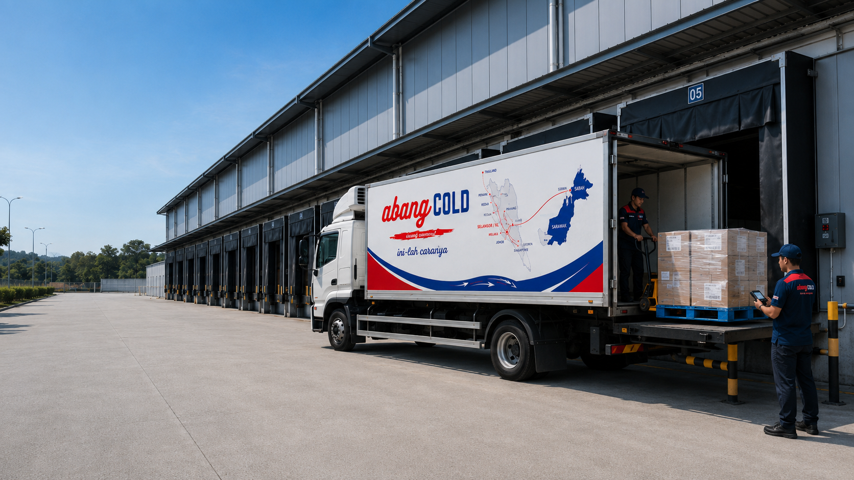 Abang Cold refrigerated truck unloading temperature-controlled goods at a warehouse loading bay.