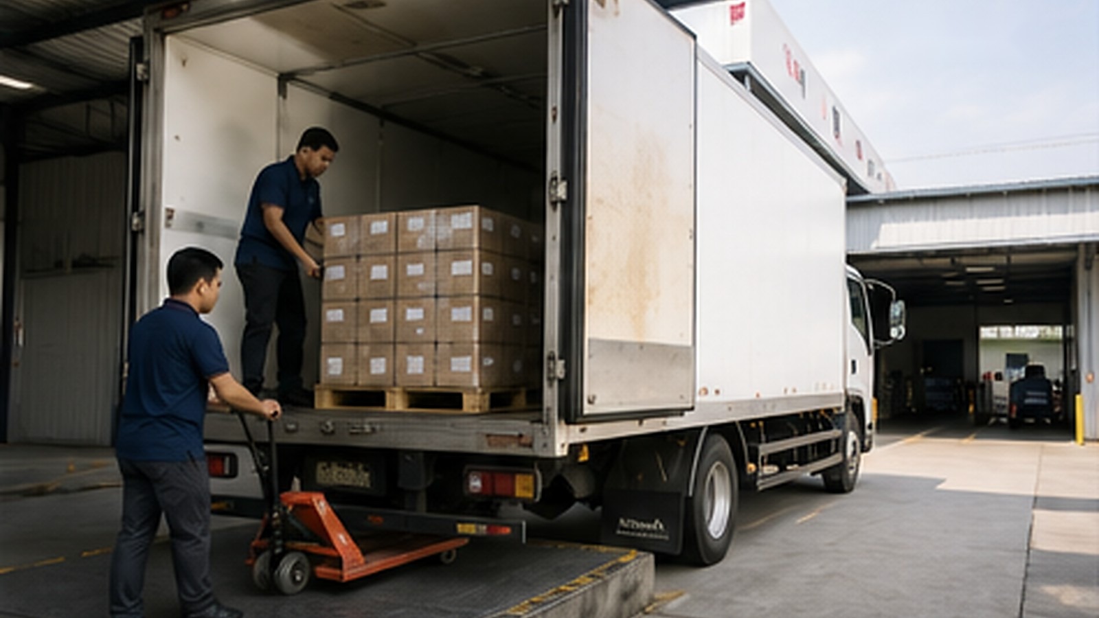 Refrigerated delivery handover beside a temperature-controlled vehicle.