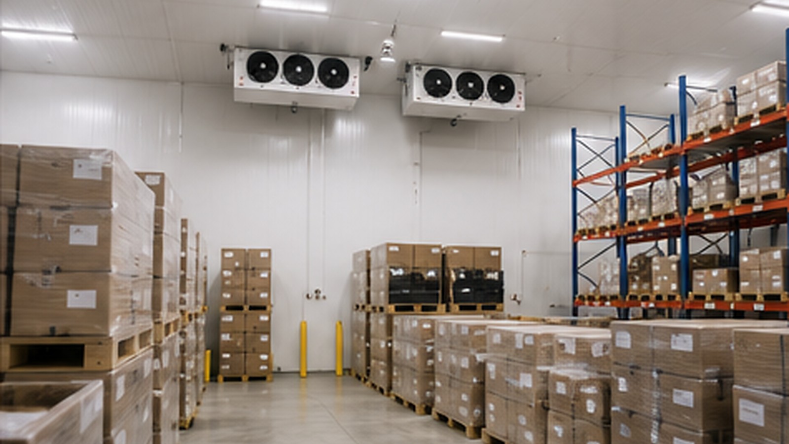 Organised cold-room racking with stored goods.